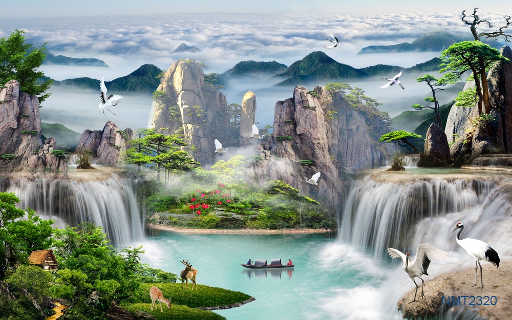 Tranh dán tường 3D sông núi ngàn năm - Tranh Phong Thủy