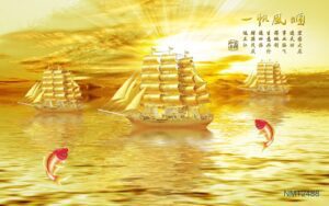 Tranh dán tường 3D thuyền vàng đẹp