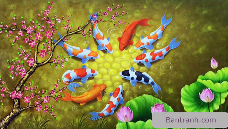 Tranh cá chép sỏi vàng vẽ sơn dầu TSD 207  AmiA Hà Nội