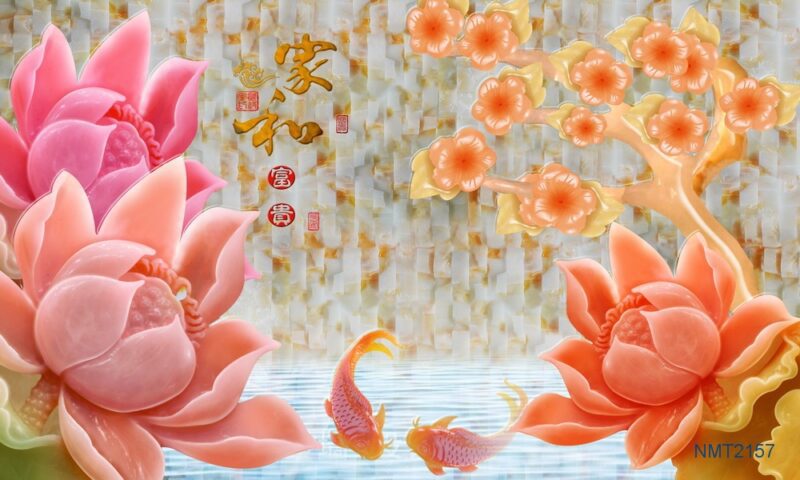 Tranh dán tường 3D cá chép hồng ngọc