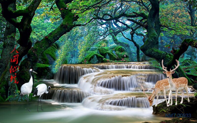 Tranh dán tường 3D dòng suối giữa rừng cây xanh