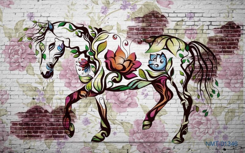 Tranh dán tường 3D ngựa hoa