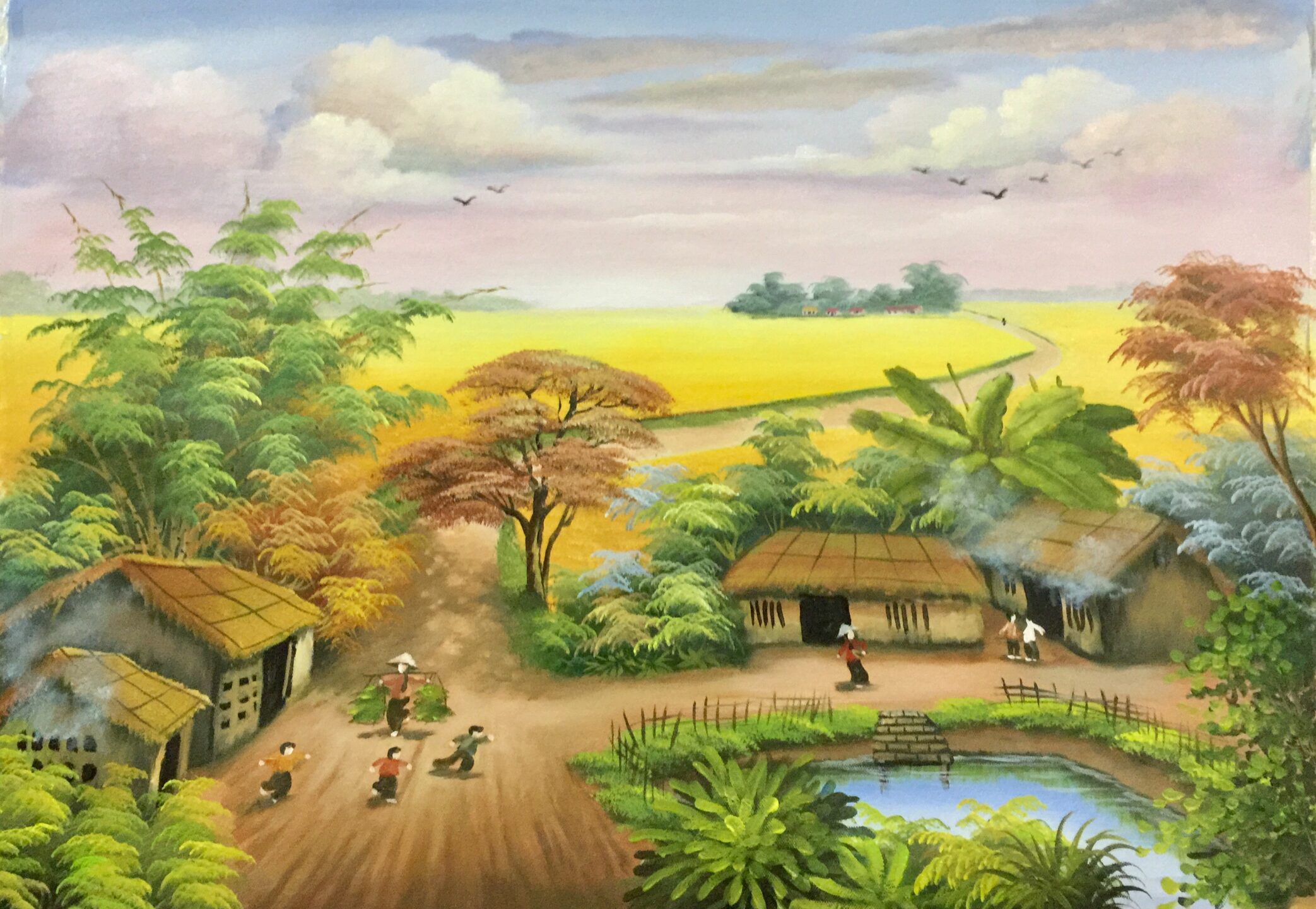 Bức tranh vẽ cảnh đồng quê ngày mùa gặt lúa | Topnoithat