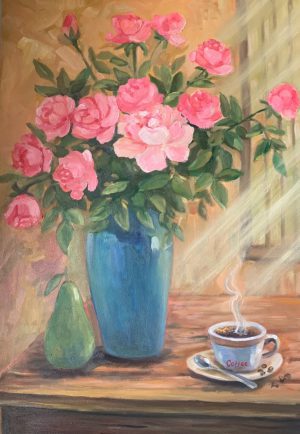 Hoa hồng và ly cà phê