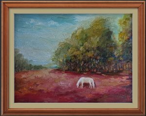 Ngựa trắng trên đồi cỏ hồng